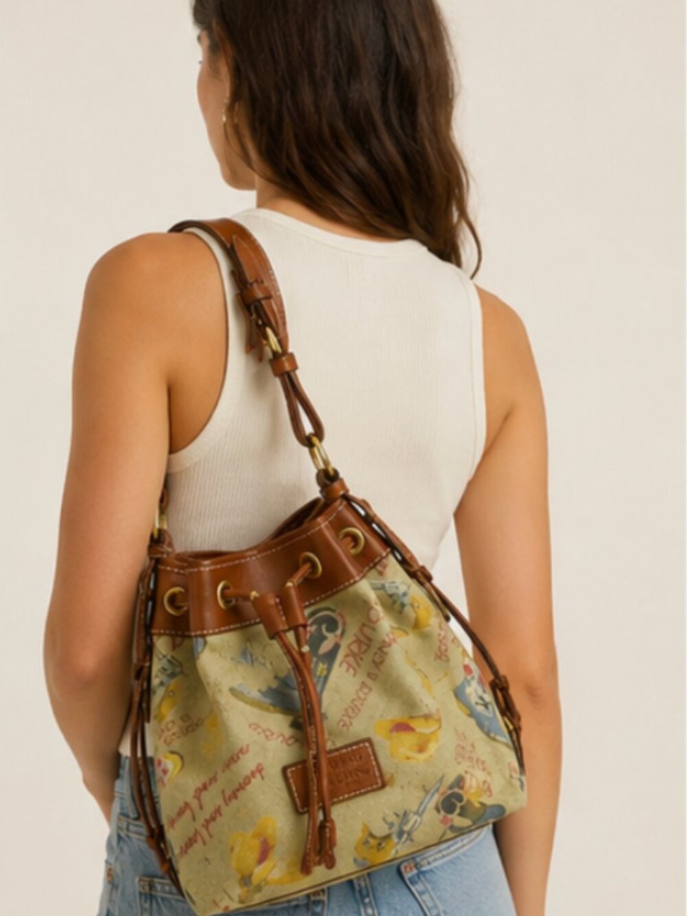 Dooney & Bourke Western Cowboy Boots Vintage Leather Canvas Drawstring Bucket - Picture 3 of 7